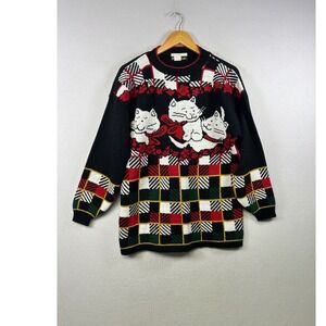 Vintage Dana Scott Women's Black Cat Plaid Knit Sweater‎ Large